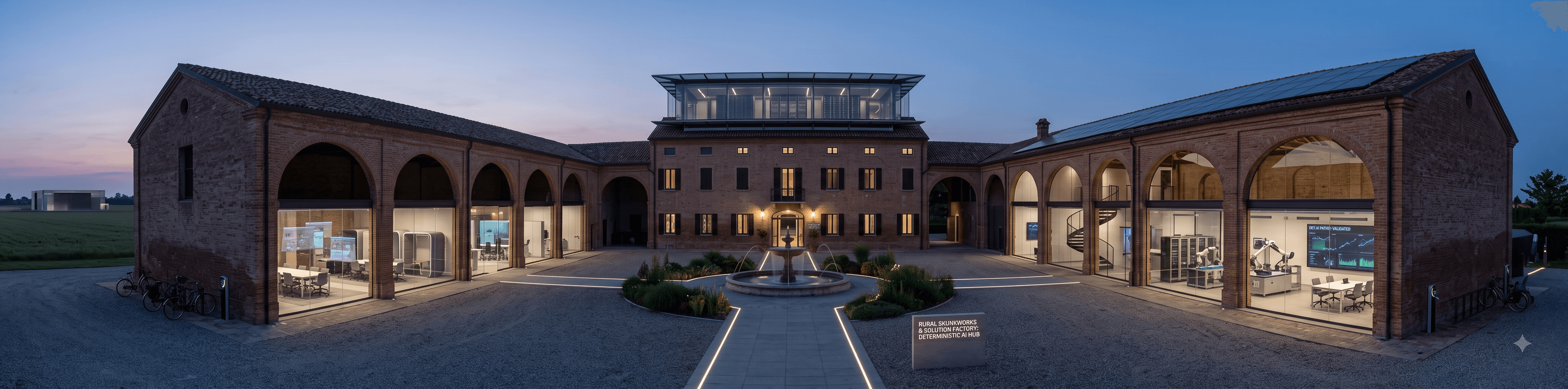 Render Blue Hour del campus Corte Digitale — moduli residenziale e stalle con vetrate illuminate